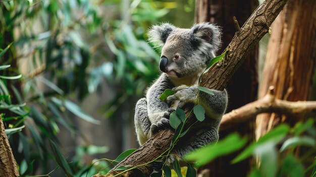 Koala bear sit on the branch of the tree and eat leaves