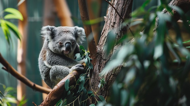 Koala bear sit on the branch of the tree and eat leaves