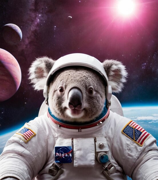 Photo a koala bear wearing a space suit with the word nasa on it