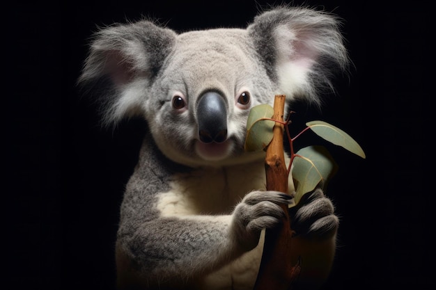 A koala bear with a feather in its paw