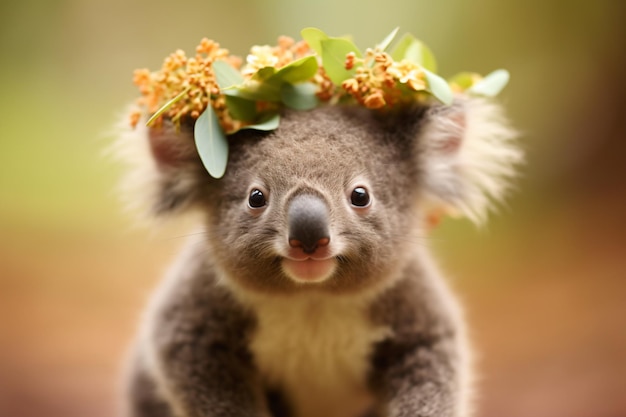 a koala bear with a flower crown on its head