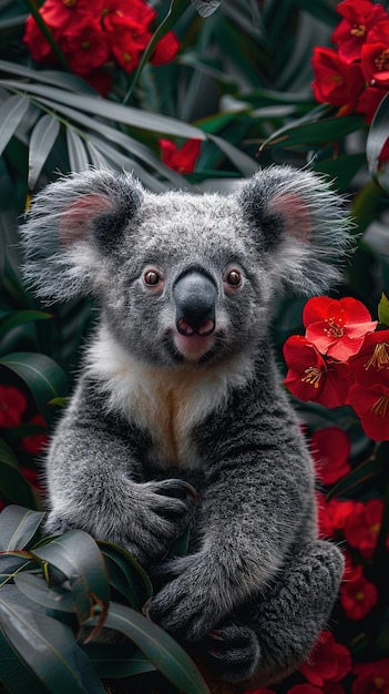 a koala bear with red flowers in the background