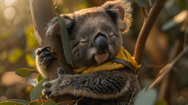 A koala is sleeping on a tree branch The koala is wearing a yellow vest The tree is green and has leaves