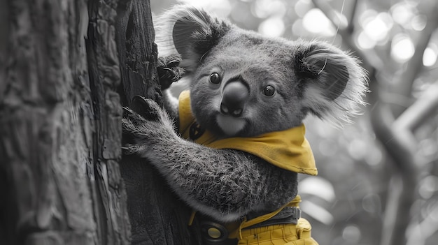 A koala is sleeping on a tree branch The koala is wearing a yellow vest The tree is green and has leaves