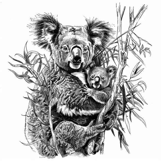 Koala joey isolated pencil drawing on white paper artwork