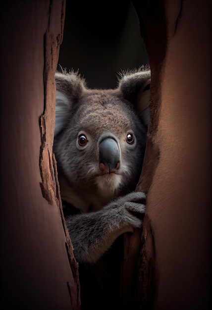 Koala peering out from behind a tree trunk generative ai