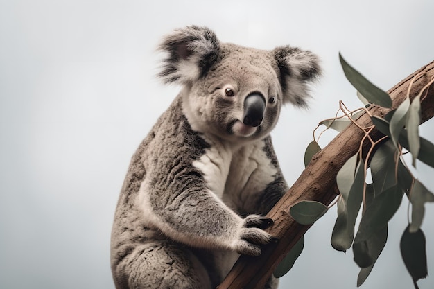 A koala sits on a branch with a grey background.