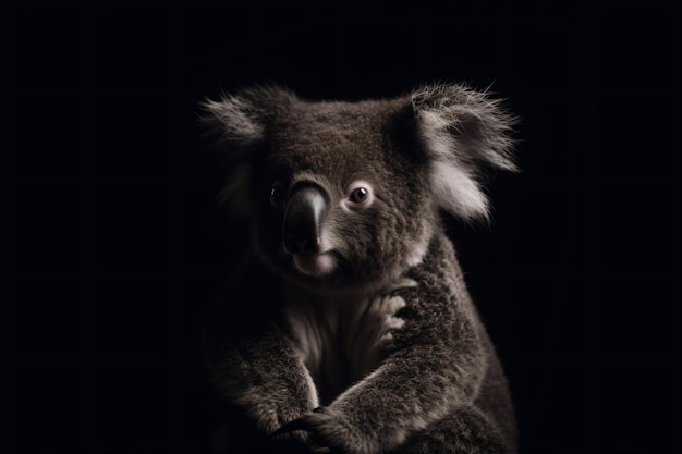 A koala sits in a dark room