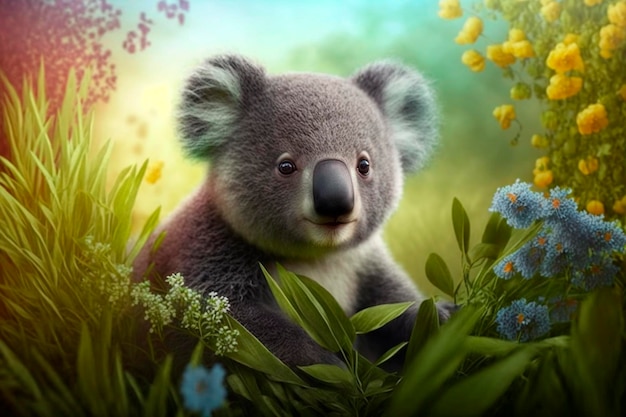 Koala sits on a green meadow in spring among flowers AI generated content