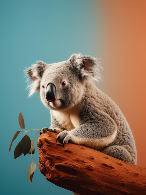 A koala sits on a tree branch with a blue background.