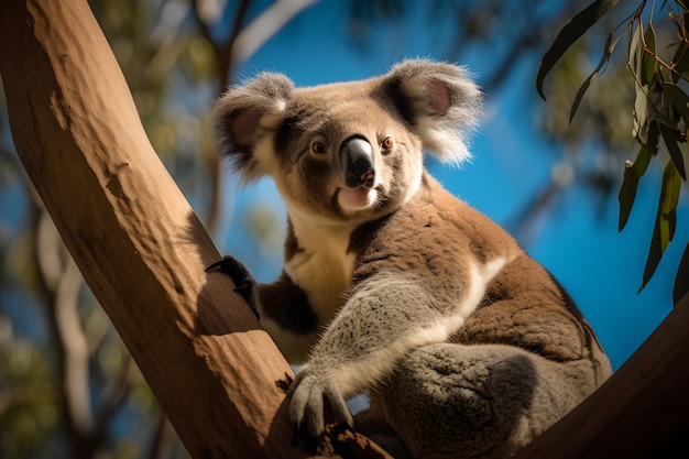 A koala sits on a tree branch