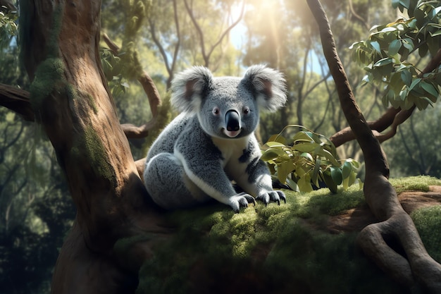 A koala sits in a tree in the jungle