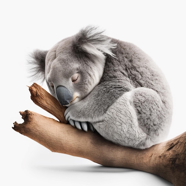 A koala sleeping on a branch with a white background.