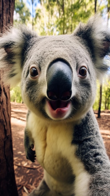 Koala touches camera taking selfie Funny selfie portrait of animal