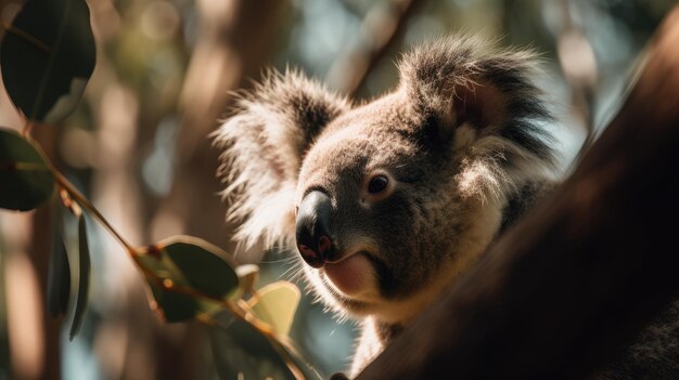 A koala in a tree with a tongue out