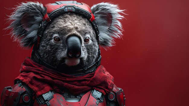 A koala wearing a red space suit The koala is looking at the camera The red background gives the image a bold and futuristic feel