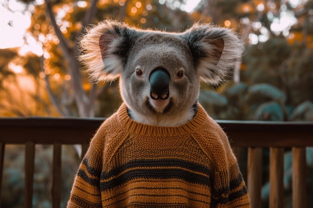 A koala wearing a striped sweater is standing on a wooden deck