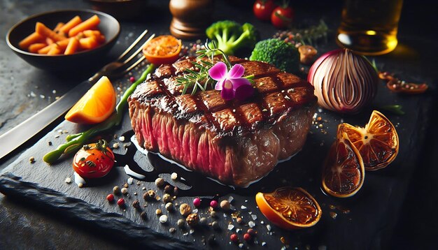 Photo kobe beef steak photography perfectly cooked with edible flowers for world food day