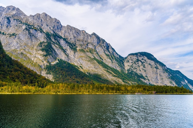 Koenigssee lake with Alp mountains Konigsee Berchtesgaden National Park Bavaria Germany