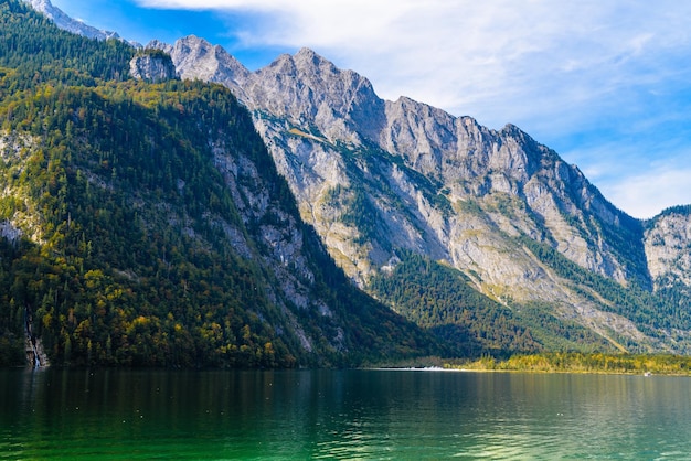 Koenigssee lake with Alp mountains Konigsee Berchtesgaden National Park Bavaria Germany