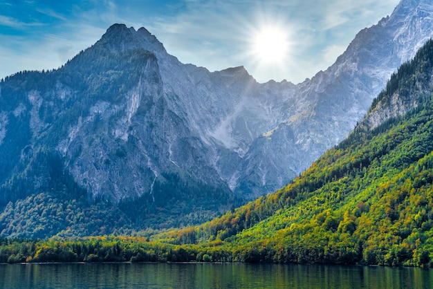 Koenigssee lake with Alp mountains Konigsee Berchtesgaden National Park Bavaria Germany