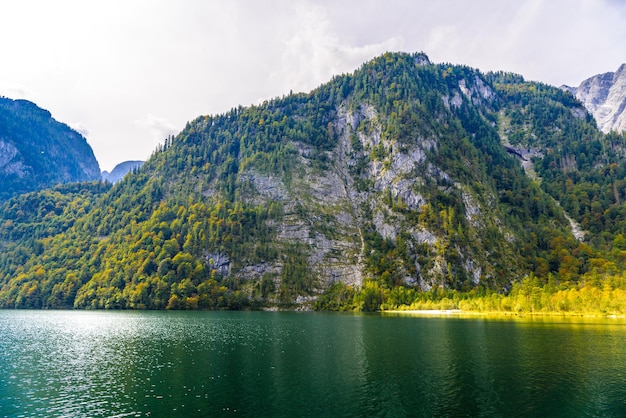 Koenigssee lake with Alp mountains Konigsee Berchtesgaden National Park Bavaria Germany