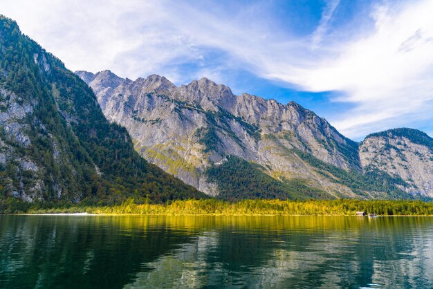 Koenigssee lake with Alp mountains Konigsee Berchtesgaden National Park Bavaria Germany