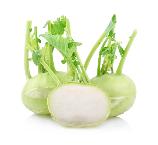 Kohlrabi with green leaves on isolated on white white backround