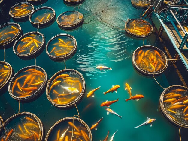 Photo koi fish in a circular pond a colorful aquatic display