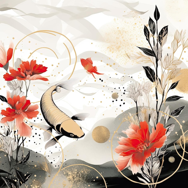 Koi fish and flower blossom background Japanese style Generative ai