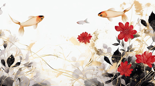 Koi fish and flowers in watercolor style Digital painting style Generative ai