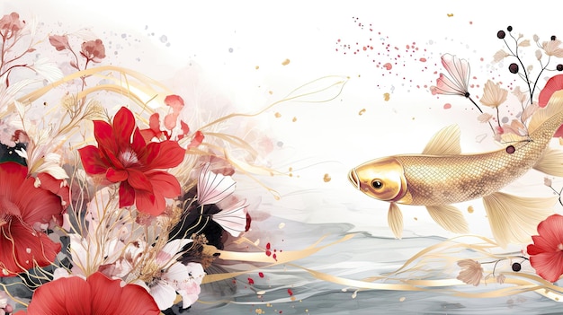 Koi fish and flowers in watercolor style Digital painting style Generative ai