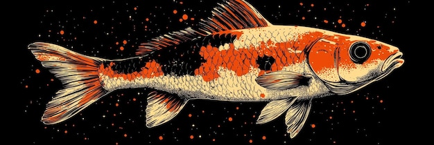 Koi Fish Illustration on Black Background with Orange and Yellow Splashes