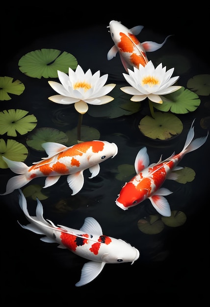 a koi fish and lily pads are in a pond