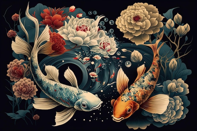 Koi fish painting in floral digital art painting in Japanese asian style