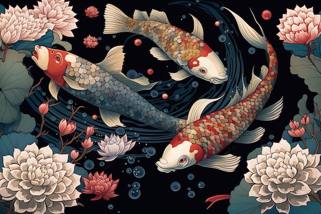 Koi fish painting in floral digital art painting in Japanese asian style