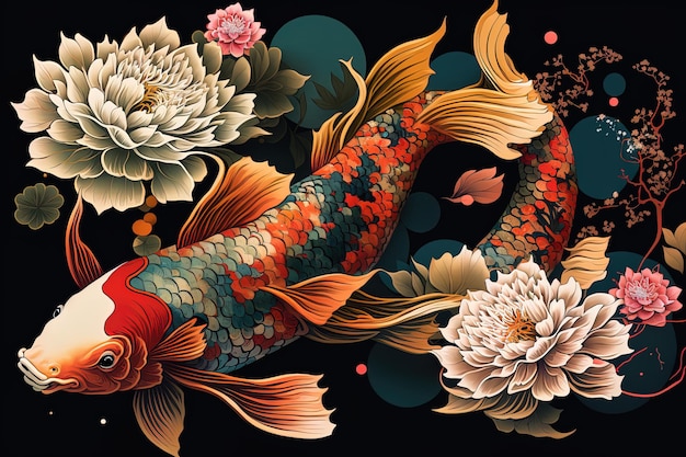 Koi fish painting in floral digital art painting in Japanese asian style