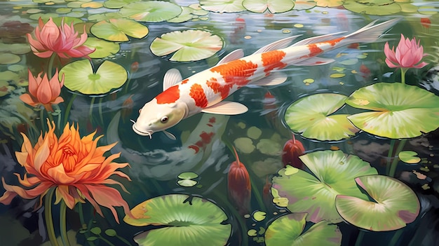 A koi fish in a pond with lily pads and a red flower.