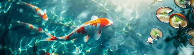 Koi Fish Swimming in a Pond with Lily Pads