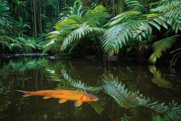 Photo a koi fish swimming in a pond with a palm tree in the background