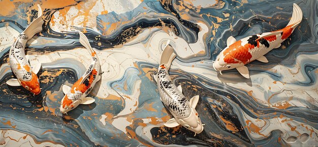 Koi Fish Theme Panel Wall Art Marble Background