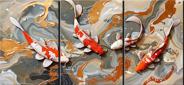 Koi Fish Theme Three Panel Wall Art Marble Background Wall Decoration