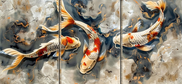 Koi Fish Theme Three Panel Wall Art Marble Background