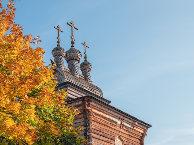 Kolomenskoye wooden temple in autumn against the blue sky, Moscow