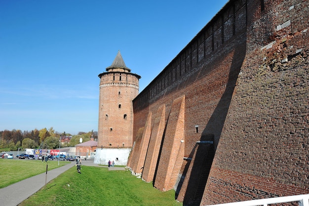 Kolomna, Russia - OCTOBER 9, 2021: fortress wall and view of the marinka tower in Kolomna