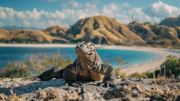 Photo komodo dragon on a beach in indonesia