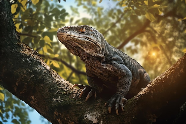 A komodo dragon in the grass with the ocean in the background