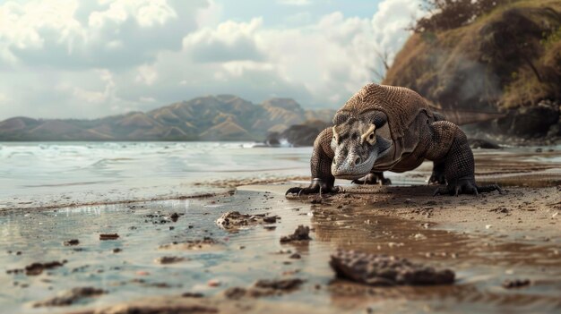 Photo a komodo dragon walks on a sandy beach