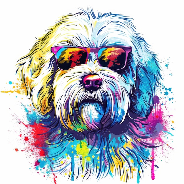 Komondor dog wearing sunglasses in colorful pop art style