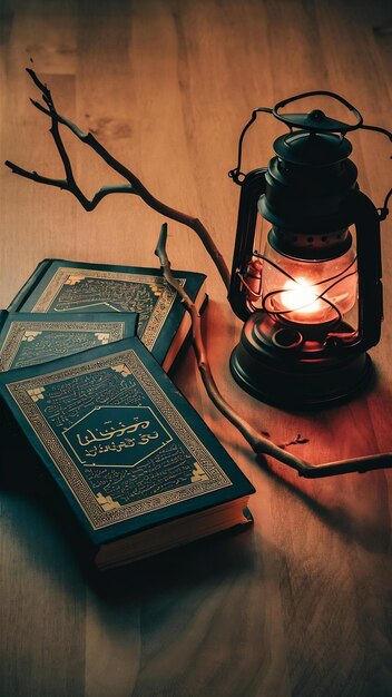 Koran books with lantern and branch